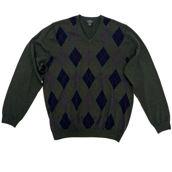 Brooks Brothers 346 Merino Wool V-Neck Pullover Sweater Dark Green Argyle | XL - Picture 1 of 9